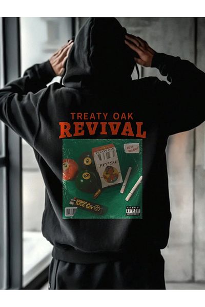 OVER HEAD Men's Black Revival Printed 3 Thread Oversized Hoodie Sweatshirt