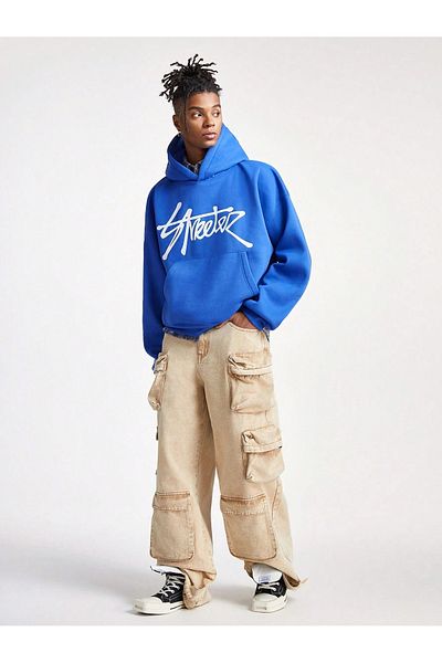 OVER HEAD Men's Saks Blue Streeter Printed 3 Thread Oversize Hoodie Sweatshirt