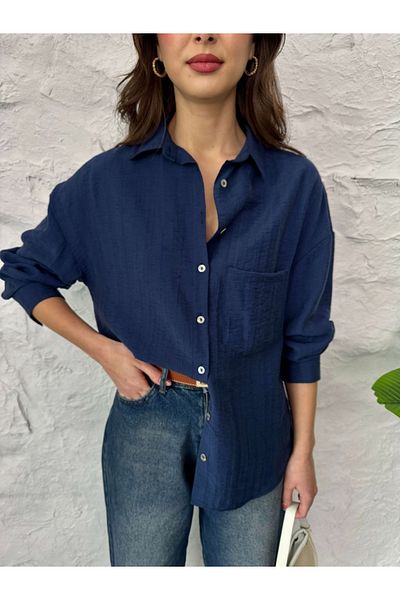 Elif Özbey Butik Cămașă drapată texturată bleumarin
