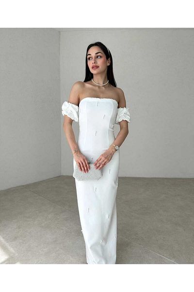 MODA DURAĞI Stone Detailed Pearl Atlas Dress 2051