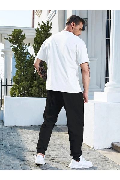 Elfa Tekstil Λευκό μπλουζάκι και μαύρο σετ φούτερ Jogger - Oversize Crew Neck, Printed