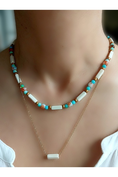 TREND White Helene White Turquoise Stone Double Row Design Necklace with Stainless Chain