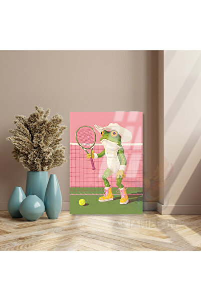 Artarilion Tenis Oynayan Kurbağa Kırılmaz Cam Tablo Modern Ev Dekoru Salon Ta...