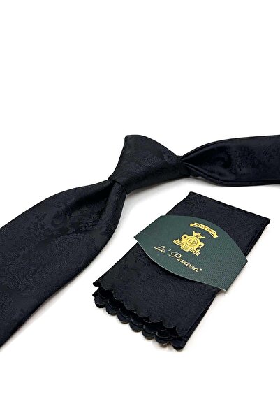 Kravatkolik Siyah Şal Desen Mendilli Klasik Kravat KK13117