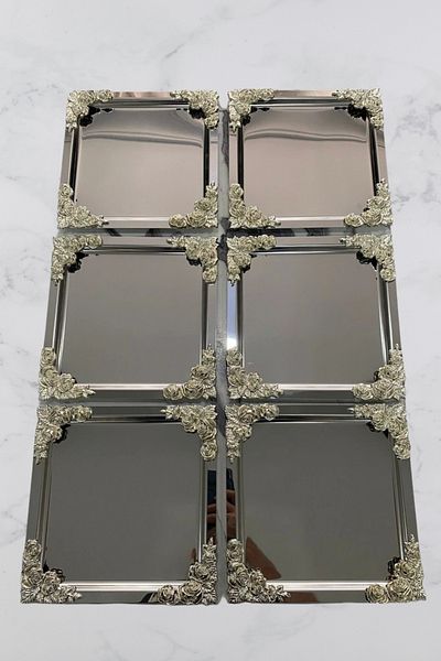 MGEStore Silver Square Floral 6 Pieces 21X21 Taasede Service Presentation Tray