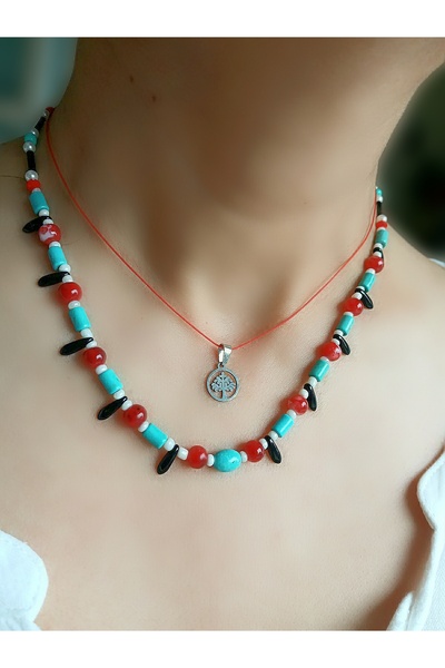 TREND Turquoise Stone Stainless Steel Tree Figured Design Necklace - Red String Luck Necklace