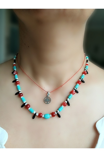 TREND Turquoise Stone Stainless Steel Tree Figured Design Necklace - Red String Luck Necklace