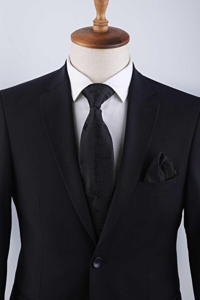 Kravatkolik Siyah Şal Desen Mendilli Klasik Kravat KK13117