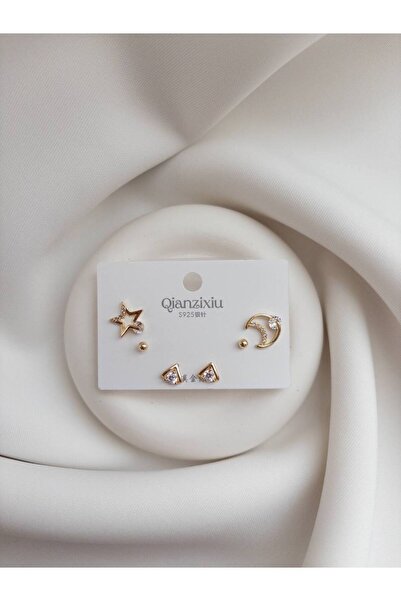 Minne Jewelry-Accessory Ay Yıldızlı Üçlü Küpe - Gold Renk Üçlü Küpe - Ay Yıldızlı Üçlü Küpe