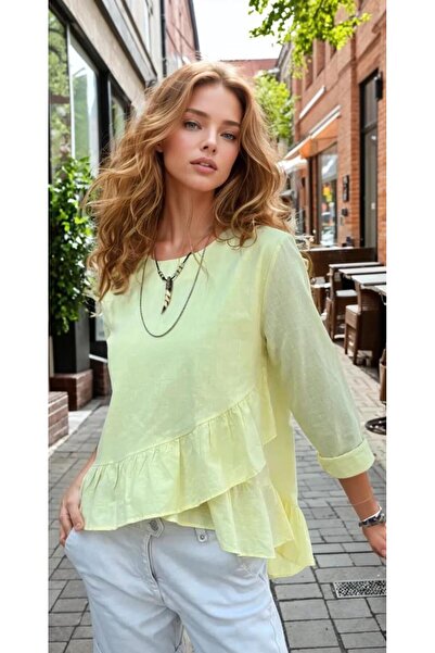 Pasaklı Giyim Ženska pastelno žuta bluza sa volanima, dugačka, udobna Pamuk L...