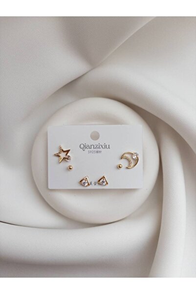 Minne Jewelry-Accessory Ay Yıldızlı Üçlü Küpe - Gold Renk Üçlü Küpe - Ay Yıldızlı Üçlü Küpe