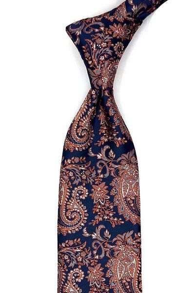 Kravatkolik Navy Blue - Classic Tie with Orange Paisley Pattern Handkerchief Kk13128