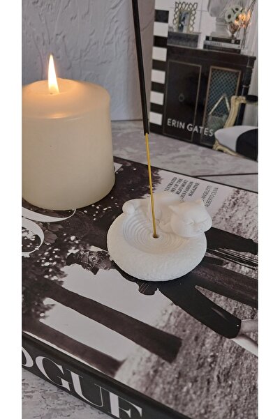 ATÖLYEM BURADA Minyatür Kedili Tütsülük Beyaz 1 adet çubuk tütsü hediyeli