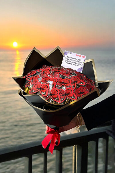 Zemtigo Büyük Boy Led Işıklı Kırmızı Kelebek Buketi Sevgiliye Hediye Özel Notlu