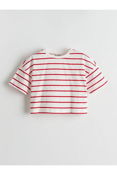 LC Waikiki LCW Kids Crew Neck ριγέ χτενισμένο βαμβακερό μπλουζάκι για κορίτσια