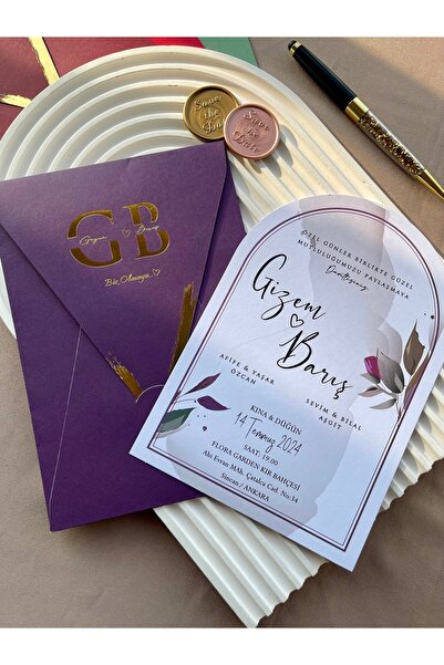 emindijital Mor Zarflı Oval Düğün Nişan Nikah Kına Davetiyesi 50 Adet