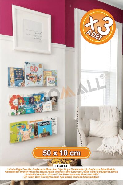 DECOMALL x3 Adet 50 x 5 cm Kitaplık Duvar Rafı Kitap Rafı Pleksi Hayalet Raf ...
