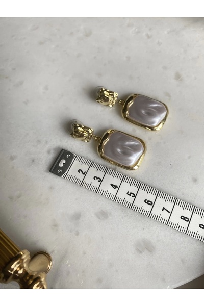 OSTİLL Dokulu Gold Çerçeveli,Dildörtgen İncili Küpe