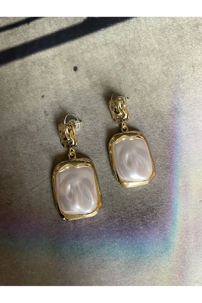 OSTİLL Dokulu Gold Çerçeveli,Dildörtgen İncili Küpe