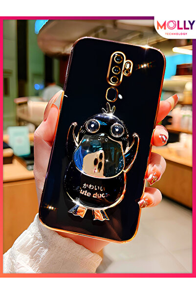 Molly Oppo A9 2020 İçin Siyah Sevimli Ördek Standlı Kenarları Gold Detaylı Lü...