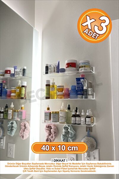 DECOMALL x3 Adet 40 x 10 cm Banyo Duvar Rafı Banyo Düzenleyici Hayalet Şeffaf...
