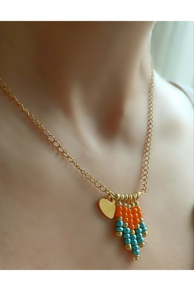 TREND Fancy Bohemian Gold Stainless Steel Heart Detailed Colorful Design Necklace on Chain