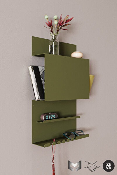 YİĞİT METAL رف وشماعة ديكور معدني مثبت على الحائط باللون الأخضر - منظم للكتب والمفاتيح والنظارات والإكسسوارات