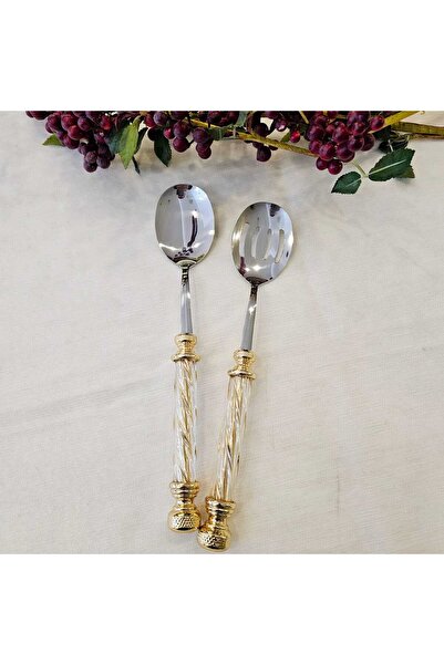 MaviDamla 2 PARÇA KRİSTAL SAPLI  SALATA SERVİS SETİ GOLD