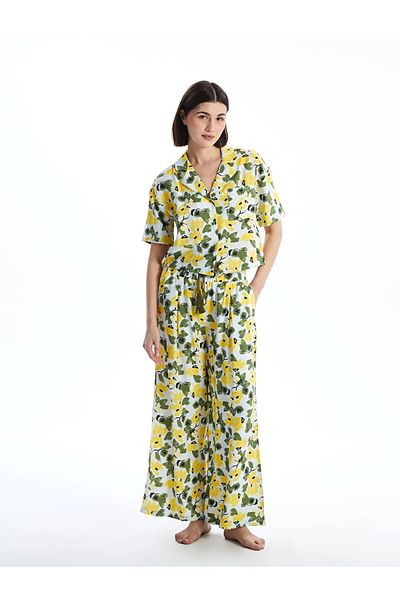 LC Waikiki Set de pijamale pentru femei Blue Petite Guler cu flori
