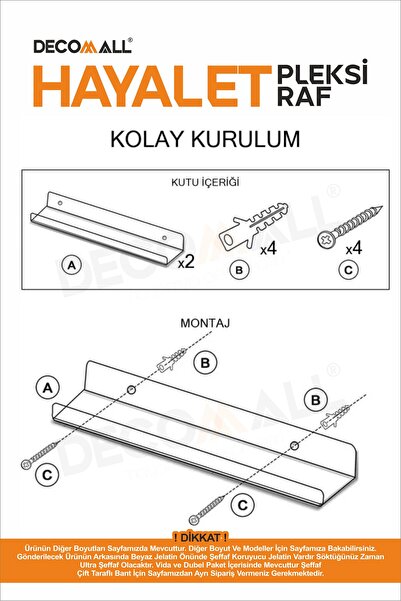 DECOMALL x4 Adet 40 x 10 cm Banyo Duvar Rafı Banyo Düzenleyici Hayalet Şeffaf Raf Duvar Rafı