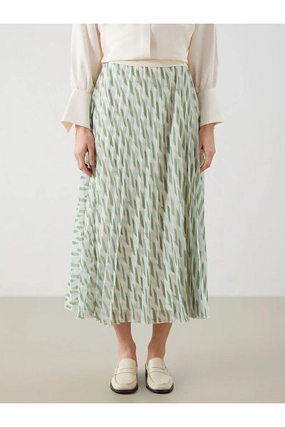 LC Waikiki Lcw Modest Green Elastic Waist Patterned Chiffon Women's Pleated Skirt