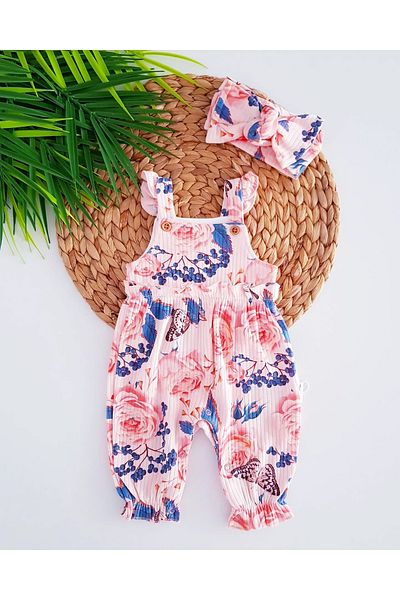 Jammybaby Fiore Floral Print Sling Summer Camisole 100% Cotton Baby Girl Romper and Bandana Set-Pudra