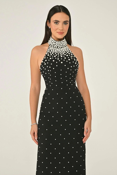 ALFABETA KADIN ABİYE HALTER YAKA İNCİLİ ARKADAN YIRTMAÇLI KREP ELBİSE