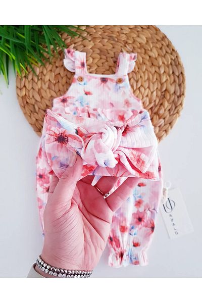 Jammybaby Fiore Floral Print Baby Girl Romper and Bandana Set - 100% Cotton, Sling Summer Camisole - Ecru