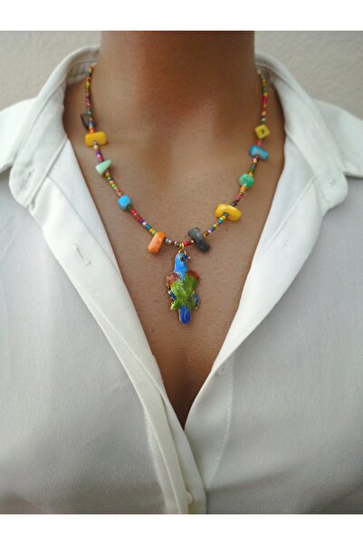 sondonfashion Papağan Kolye Hint Mineli Renkli Sedef Doğaltaş Cennet Papağanı 45 Cm Otantik T-k-246