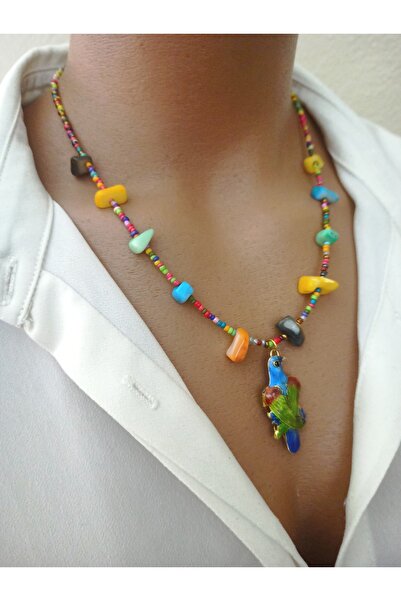 sondonfashion Papağan Kolye Hint Mineli Renkli Sedef Doğaltaş Cennet Papağanı 45 Cm Otantik T-k-246