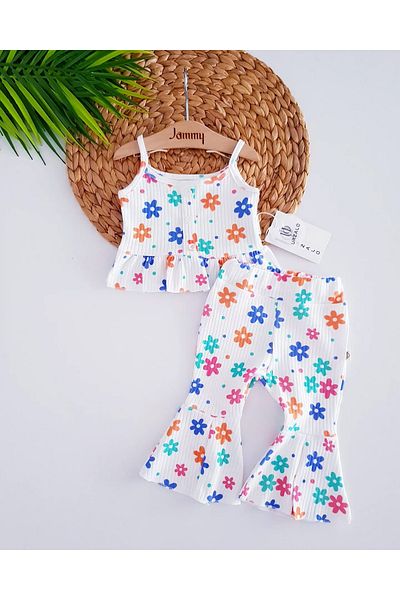 Jammybaby Colorful Daisies - Strappy Body - Spanish Pants - Camisole 100% Cotton - Baby Girl Summer Set - White