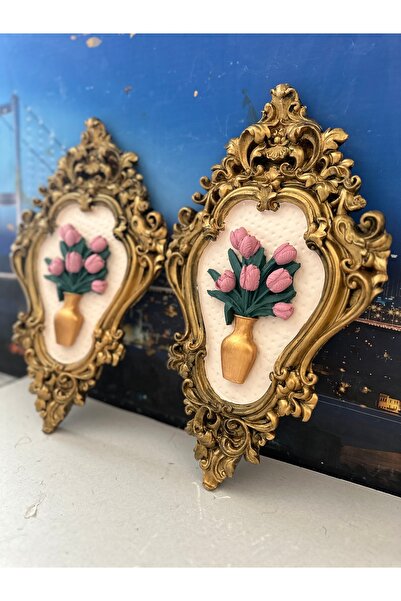 busraconcept Siyah gold eskitme pembe çiçekli tablo 2li modern tasarım el yapımı tablo