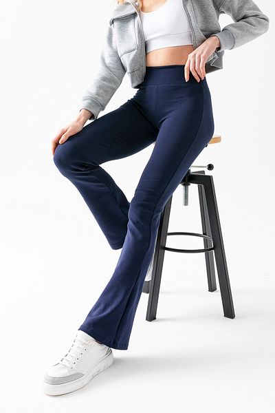 CNRCollection Leggings pentru femei, albastru bleumarin, elastic, cu bandă lată, tricotată, din bumbac pieptănat