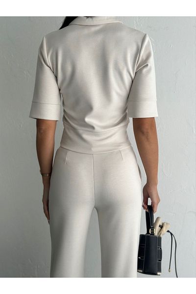 Louen lucie Short Sleeve Shoulder Padded Collar Pants Suit