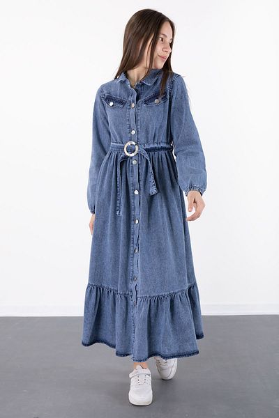 Cansın Mini Rochie de jeans acoperită cu nasturi pentru fete albastre 20495