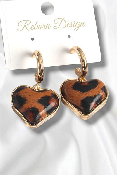 REBORN DESIGN Brass Gold Color 3D Heart Leopard Pattern Model Women Earrings