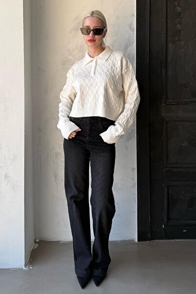 Madmext Ekru Saç Örgülü Polo Yaka Kadın Kazak Mg2310