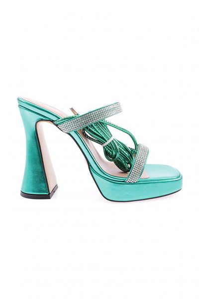 DGN Women's Crystal Stone Banded Ankle Strap Thick Heeled Sandals Green Metallic 46933382
