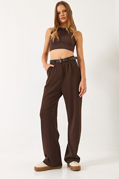 Bianco Lucci Women's Double Pleat Detailed Belted Knitted Trousers 3851 60261449