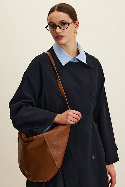 Manuka Soft Leather Oval Crossbody Bag Camel