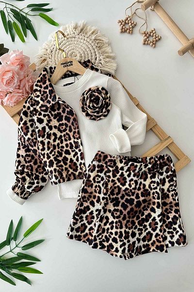 Minigimin Cicileri Set de fete cu matrice de leopard alb 3 piese Miniğim Ciceleri și pantaloni scurți
