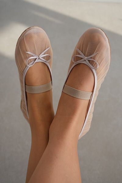 selinshoes Balerini de damă Elmond cu vârf oval și detaliu din tul și elastic la gleznă - ECRU