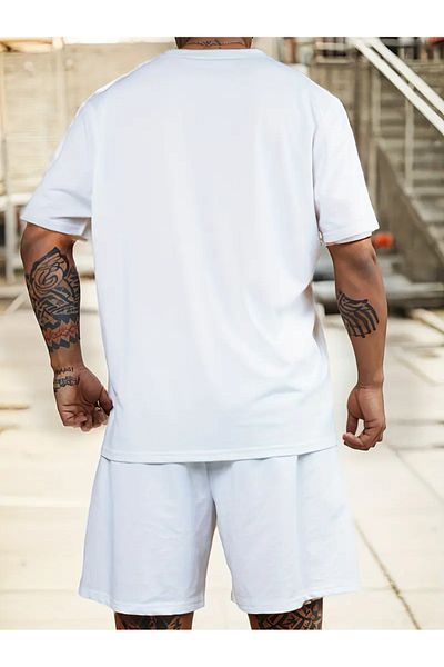 MR HUSKOL MODA Dekorasyon Men Never Give up Letter Print Homewear Set, Graphic Short Sleeve Round Neck T-Shirt and Shorts