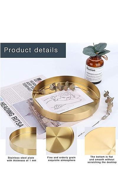 COOYA Stainless steel Round Metal Tray, Simple, Durable, Suitable For Home Decoration,Gold 12.5Cm